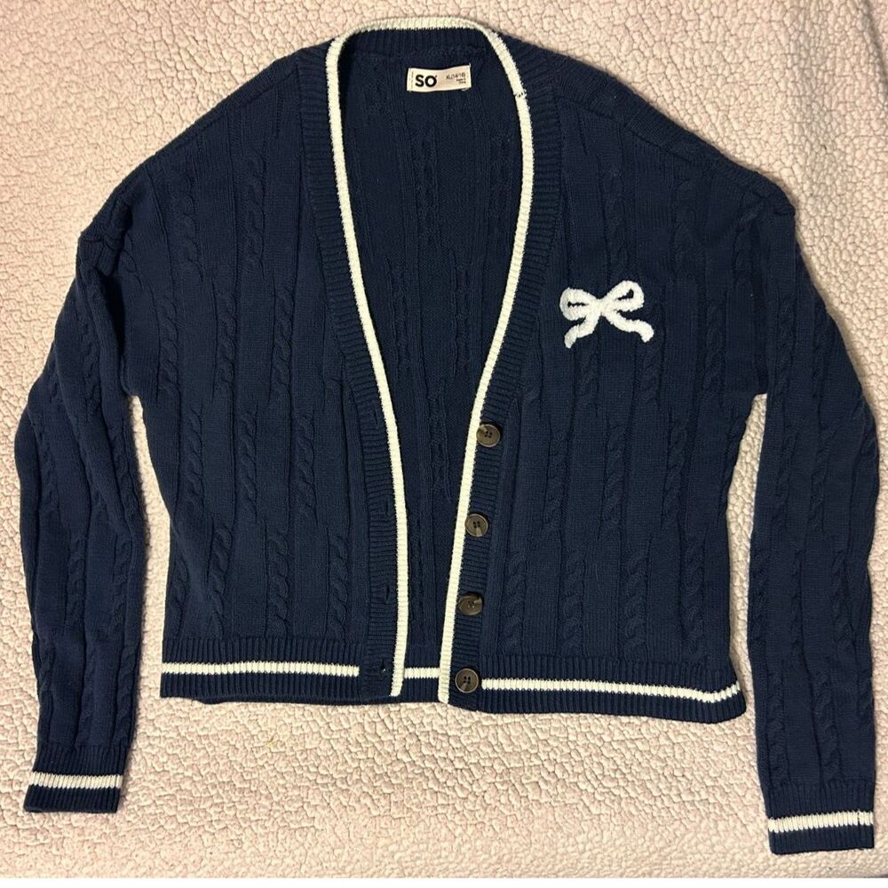 Coquette Preppy Navy Cable Knit Bow Cardigan Sweater M